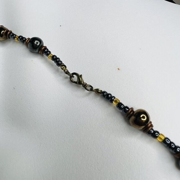 STUNNING Vintage Faux Pearl Black Brown Yellow Tone Beaded Beads Necklace 4021 - Picture 6 of 11
